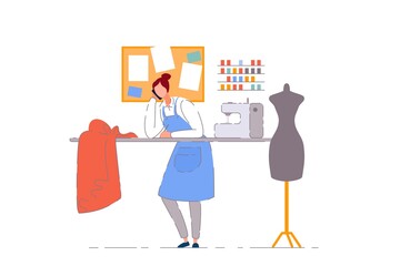 Tailor shop business owner. Isolated dressmaker woman person working in sewing craft workshop. Vector tailor seamstress business owner with sewing machine, mannequin and fabric in atelier shop