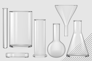 Glass flask set. Isolated realistic empty chemical filter funnel, bulb, test tube, beaker, petri dish collection. Vector chemistry and biology laboratory glass flask glassware equipment