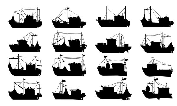 Fishing boat silhouette set. Flat vector isolated fishing boat ship transport icon collection. Sea travel transportation yacht, trawler, seiner nautical vessel silhouettes