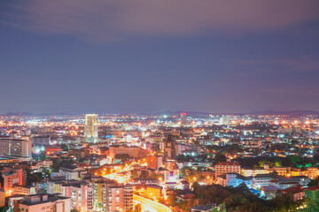 Night view of the city  of Pattaya at night with glittering lights impresses tourists.
