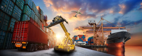 Logistics and transportaIndustrial Container Cargo freight ship, forklift handling container box...