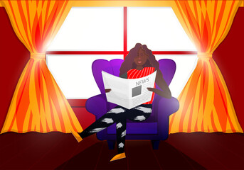 A young woman sat and read a newspaper on the sofa in the morning sunshine. Is an activity to stay at home, read a book without going out crowded outdoors. Vector illustration design.