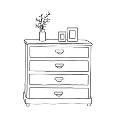 Chest of drawers doodle, hand drawn vector illustration of drawers table furniture with flower pot and photo frames on top of it