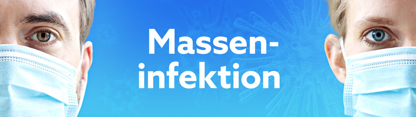 Masseninfektion. Gesichter von Mann und Frau mit Mundschutz. Paar mit Maske vor blauen Hintergrund mit Text. Virus, Atemmaske, Corona