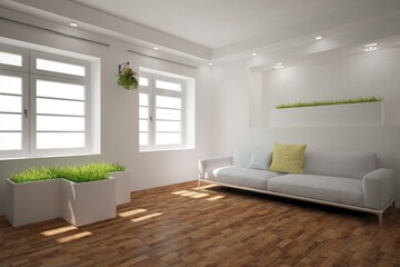 modern room with sofa,grass in pots and lamps interior design. 3D illustration