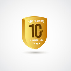 10 Years Anniversary Celebration Gold 3 D Vector Label Logo Template Design Illustration