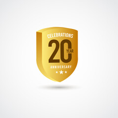 20 Years Anniversary Celebration Gold 3 D Vector Label Logo Template Design Illustration