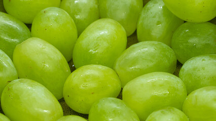 Fresh picked green grapes with water drops.