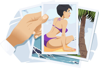 Obraz premium Photos from vacation. Girl in swimsuit on recreation. Funny people.