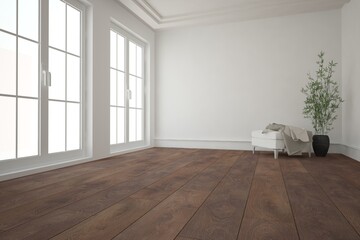 modern room with pouf,plaid and plant in corner interior design. 3D illustration