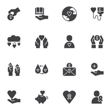 Charity donation vector icons set, modern solid symbol collection, filled style pictogram pack. Signs, logo illustration. Set includes icons as giving help, donating money, blood transfusion, heart