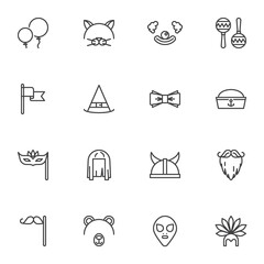 Fototapeta premium Costume party line icons set, outline vector symbol collection, linear style pictogram pack. Signs, logo illustration. Set includes icons as wig, mystery mask, alien, clown, balloons, beard, mustache