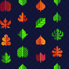 Leaves seamless pattern, fabric textures, pixel art vector illustration. Design for web and mobile app.