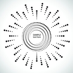 Radial halftone dots in Circle Form for comic books . fireworks Explosion background . Vector Illustration . Starburst
 round Logo . Circular Design element . Abstract Geometric star rays . Sunburst .