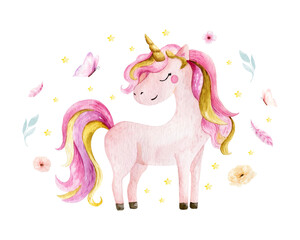 Obraz na płótnie Canvas Isolated cute watercolor unicorn and flowers clipart. Nursery unicorns illustration. Princess unicorns poster. Trendy pink cartoon horse.