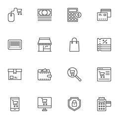 Online shopping line icons set, outline vector symbol collection, linear style pictogram pack. Signs, logo illustration. Set includes icons as payment service, shopping bag, product search, discount