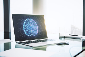 Creative artificial Intelligence concept with human brain hologram on modern laptop screen. 3D Rendering