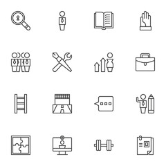 Team work related line icons set, outline vector symbol collection, linear style pictogram pack. Signs logo illustration. Set includes icons as collaboration, research, skills, business teamwork group