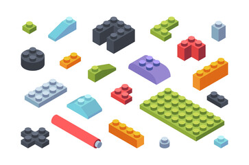 Kids constructor isometric blocks set. Multicolored tiles and parts assembly toy models geometric strips various shapes wide narrow childrens developmental constructor. Cognitive vector.