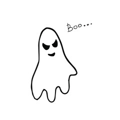 Ghost vector illustration of a cute Doodle - style and Boo lettering, isolated on white background. Hand drawn  element for halloween celebration in black style, black outline.