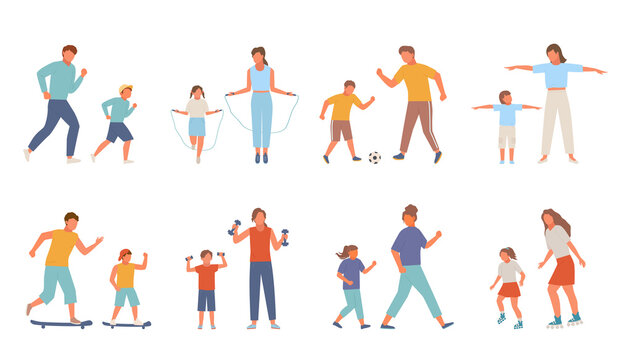 Active family sport set. Mother daughter teenager jump rope rollerblading jogging morning father son playing football skateboarding lifting dumbbells. Vector sporty cartoon rest