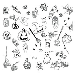 Doodle sketch halloween character collection, vector. Magic set elements: magic hat, witch's broom, pumpkin, spider web, crystal ball, eye of the Oracle