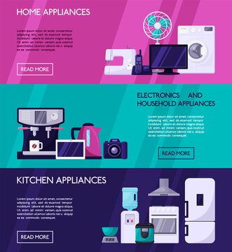 Home appliances horisontal banners concept. Page site with description kitchen household goods detailed characteristics modern technology fashionable electronic news. Information flat vector.