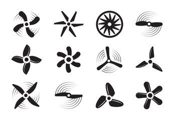 Propellers silhouette set. Modern retro coolers turbine rotary turbulence airplanes stylish ventilation cooling systems graphic power air flow ship rotation energy. Aerial vector silhouette. © alex_cardo