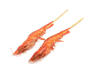 roasted prawn with skewer isolated on white background ,grilled shrimp