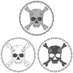 Demonic skull vector design with bones surrounded by chains, in black and white