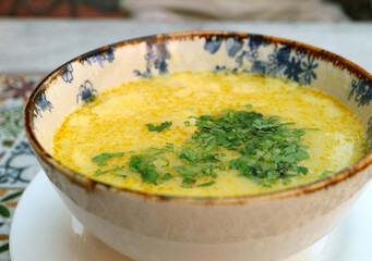 Georgian Chicken Soup with Eggs and Greens Called Chikhirtma