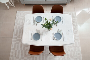Interior of modern stylish dining room, top view