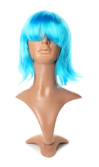 Mannequin with bright female wig on white background