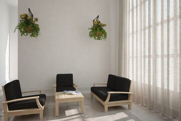 modern room with chairs,sofa,table and plants interior design. 3D illustration