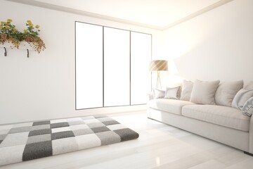 modern room with sofa,pillows,lamp,carpet and plants on wall interior design. 3D illustration