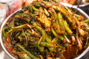 Korean traditional food Leaf mustard Kimchi. pickled mustard leaves and stems.