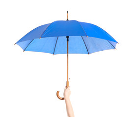 Hand with stylish umbrella on white background