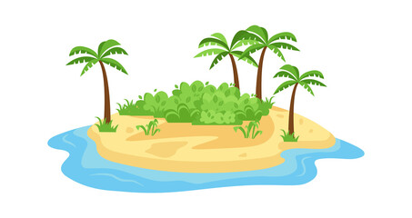 Fototapeta na wymiar Tropical island in ocean. Small island with convenient sandy beach dense green shrubs center spreading palm trees along perimeter platform oceanic summer landscape. Flat vector vacation.