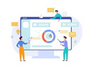 Infographic website visiting concept. Seo testers analyze corporate website for number visits orders new ideas optimizing availability contextual advertising. Business vector flat style. - obrazy, fototapety, plakaty