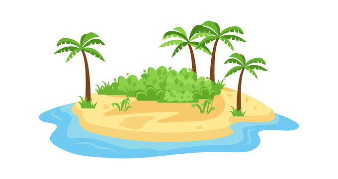Tropical island in ocean. Small island with convenient sandy beach dense green shrubs center spreading palm trees along perimeter platform oceanic summer landscape. Flat vector vacation.