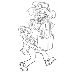 sketch, a man carries in his hands a big box with a big bow and in it sits a woman, surprise, cartoon illustration, coloring, isolated object on a white background, vector illustration,
