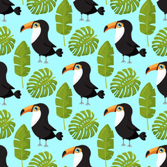 background with tropical leaves and toucans.  © OlgaKlyushina