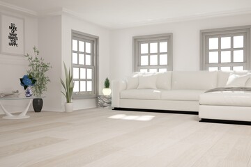 modern room with sofa,pillows,table and plants interior design. 3D illustration