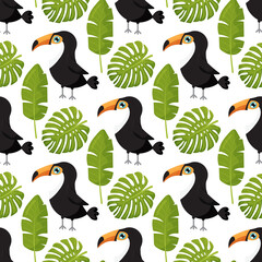 background with tropical leaves and toucans. Vector seamless pattern for stylish fabric design. Vector illustration © OlgaKlyushina