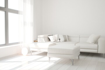 modern room with sofa,pouf,lamp,pillows and curtains interior design. 3D illustration