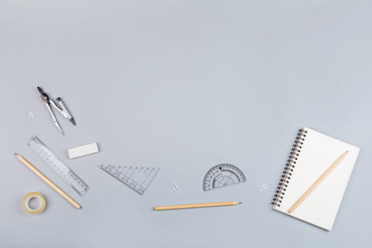 Back to School background with place for text. Collection of school supplies in a bright flat style. Educational concept. Copy space, mockup, template