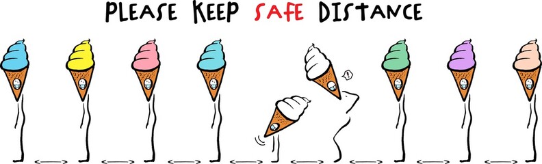 Social distance Keep a safe distance of 2 meters or 6 feet. People line up to buy ice cream. Vector image. Hand drawn lines.