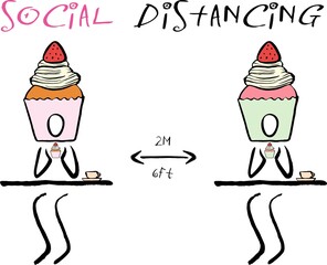 Social Distance Keep a safe distance of 2 meters or 6 feet between the cafe or restaurant icon tables. People who eat cupcake . Vector image. Hand drawn lines. 