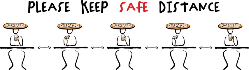 Social Distance Keep a safe distance of 2 meters or 6 feet between the cafe or restaurant icon tables. People who eat pizza . Vector image. Hand drawn lines. 