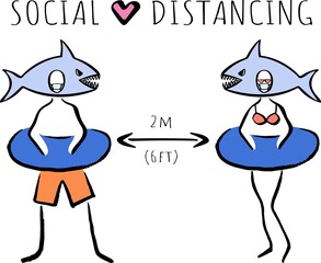 Social distance on the beach.The two keep a social distance on the beach by the sea to prevent the spread of the coronavirus infection.Hand drawn lines. vector.